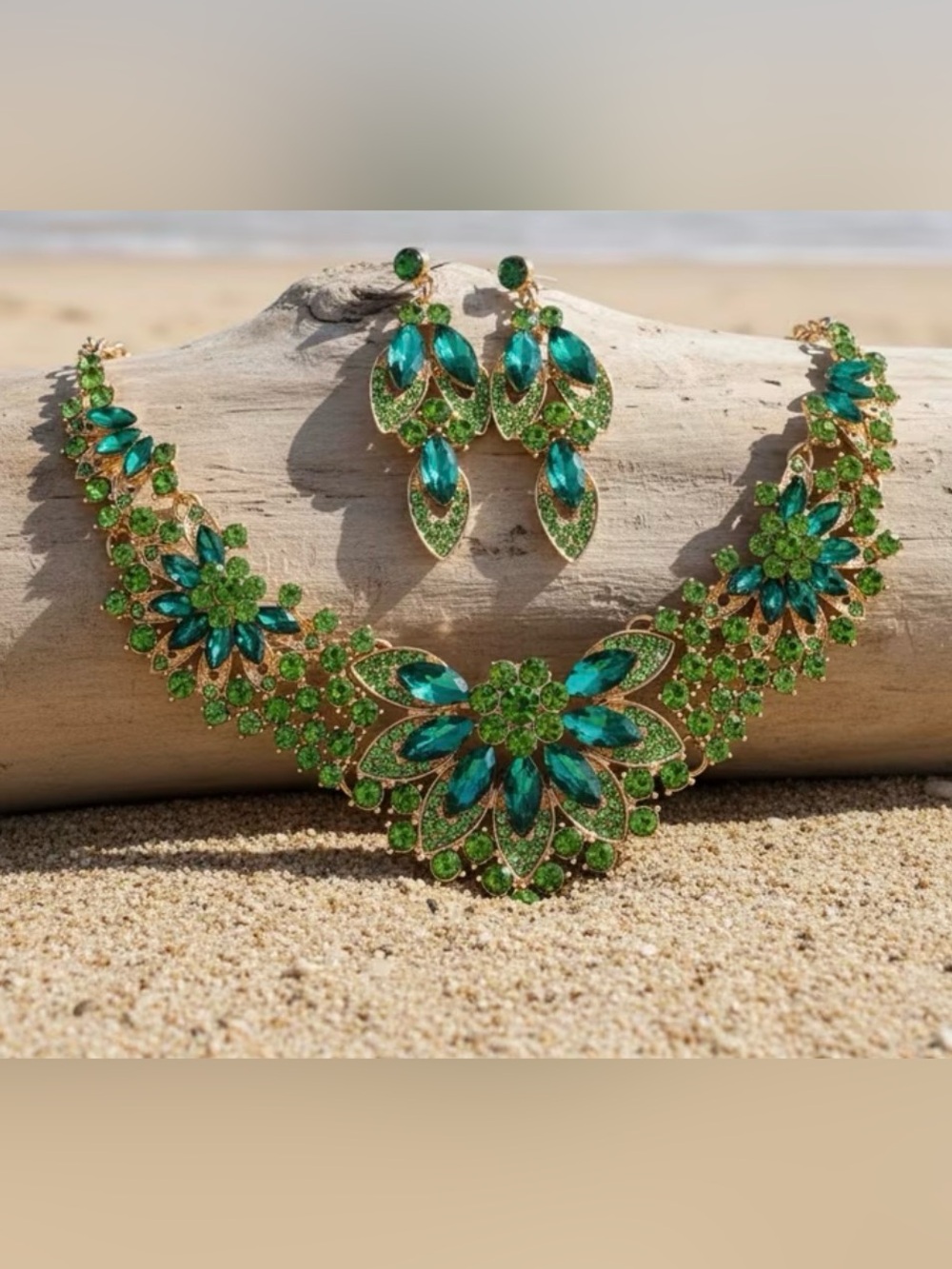 Emerald Crystal Floral Statement Necklace for Women - Picture 3 of 4